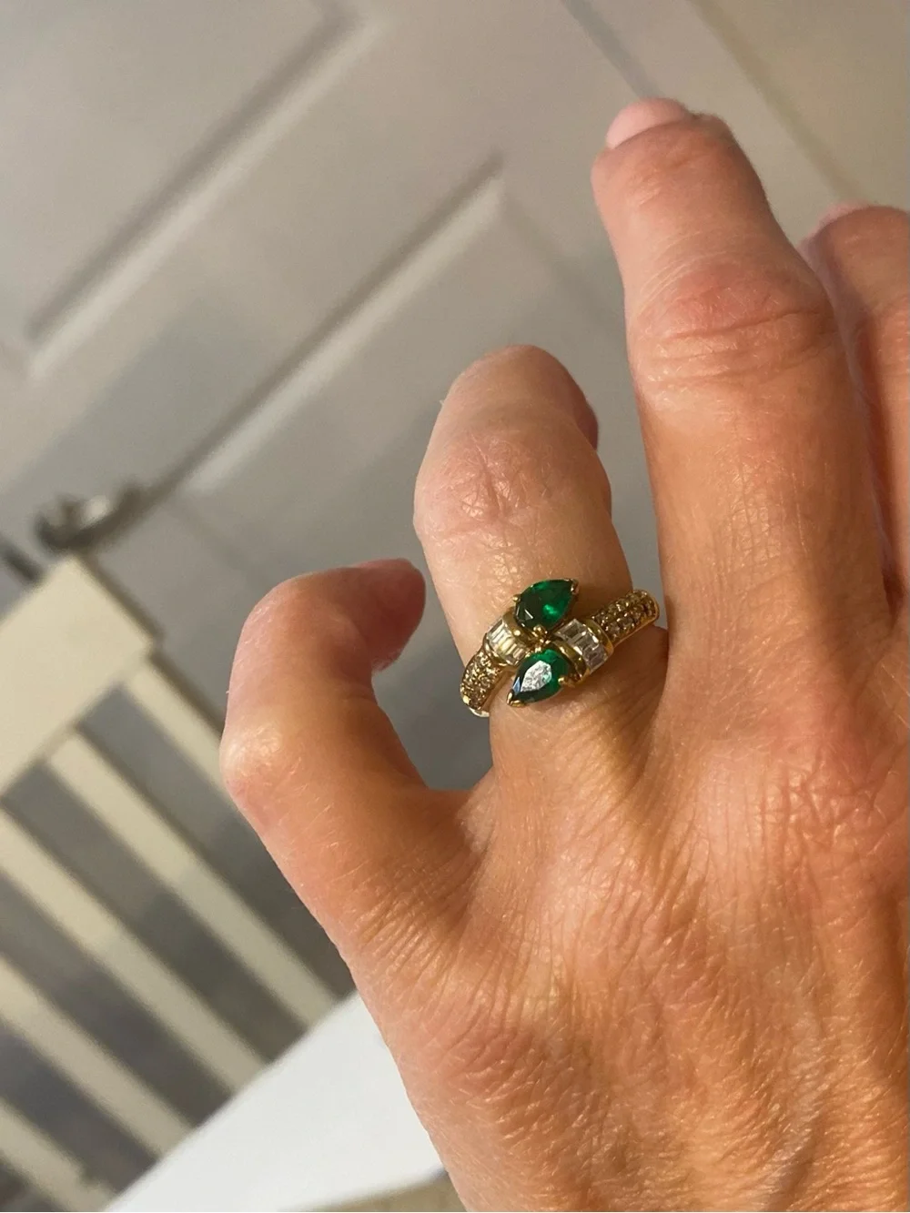 Gold Ring with Emerald Green Pear Stones and Clear Accents